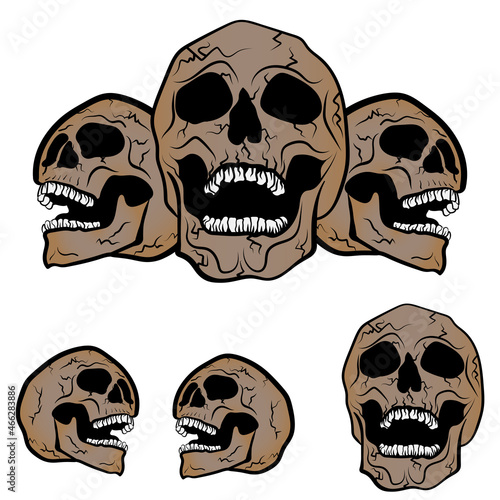 Set of skulls with open mouth. Skull tattoo design concept. Brown cracked skull at different angles with white teeth Isolated vector illustration.