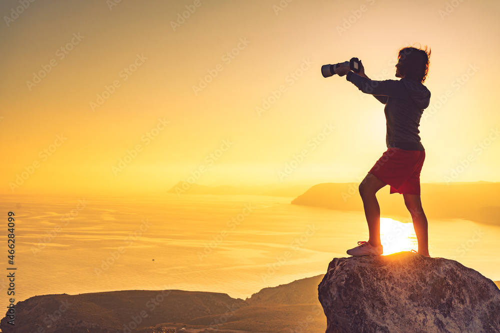 Woman with camera take travel photo