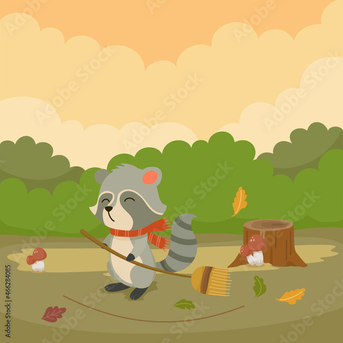 cute cartoon raccoon sweeping leaves