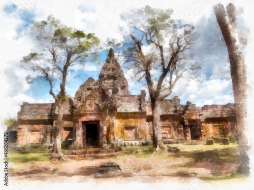 Ancient architecture of Thailand watercolor style illustration impressionist painting.