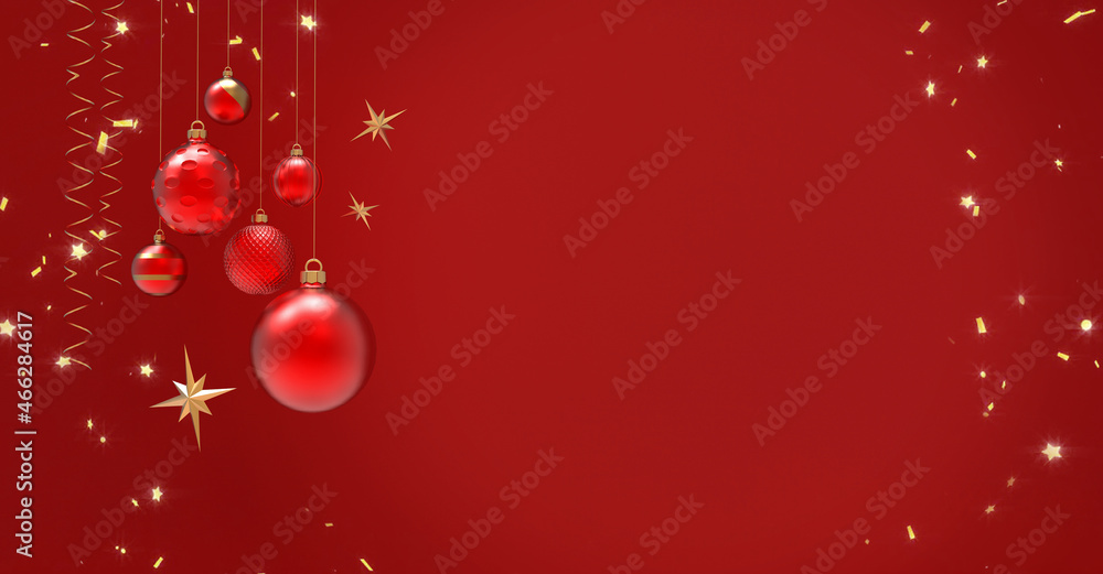 Christmas and New year background for greeting card, poster or wallpaper. Festive baubles, golden stars and sequins on the red. 3d render illustration, banner, copy space. Christmas and New year background for greeting card, poster or wallpaper. Festive baubles, golden stars and sequins on the red. 3d render illustration, banner, copy space.