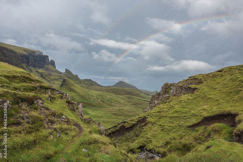 Beautiful view over The Quiraing, Isle of Skye. Scotland with rainbow
