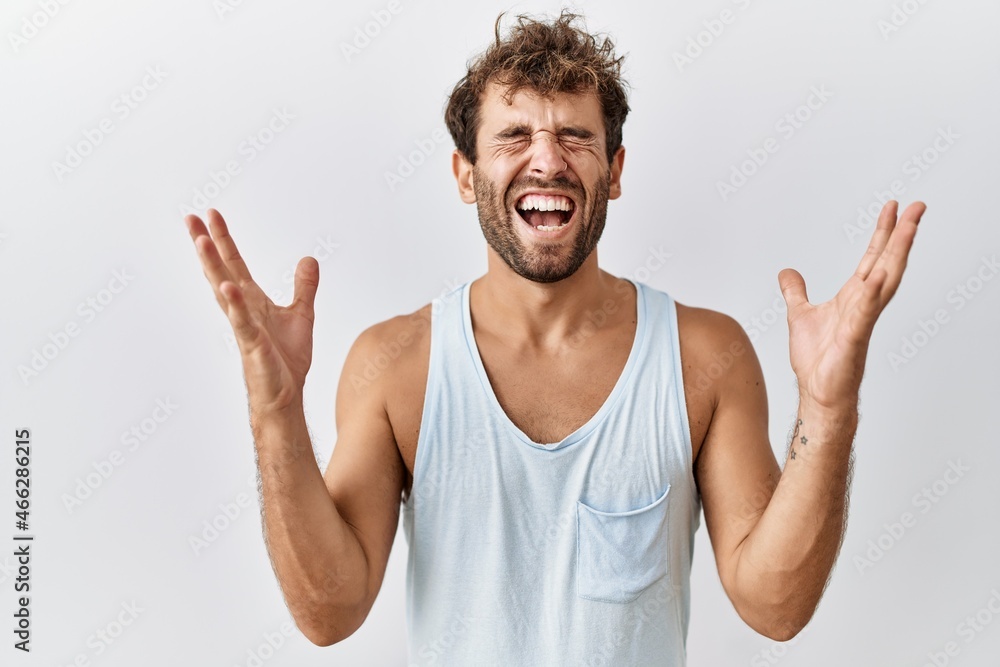 Young handsome man standing over isolated background celebrating mad and crazy for success with arms raised and closed eyes screaming excited. winner concept Young handsome man standing over isolated background celebrating mad and crazy for success with arms raised and closed eyes screaming excited. winner concept