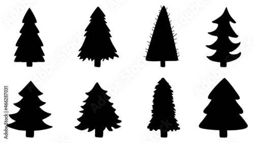Christmas tree silhouette symbol of New Year. Set of black objects, vector isolated.
