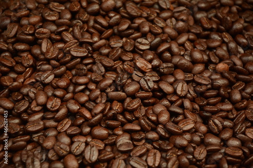 Roasted coffee beans background. Coffee beans in front of spice shop in the Turkish bazaar in Akko (Acre) in Israel