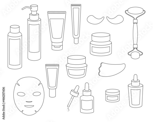 Set of skin care products. Bundle of outline design cosmetics and makeup items in bottles, tubes and jars. Beauty routine.