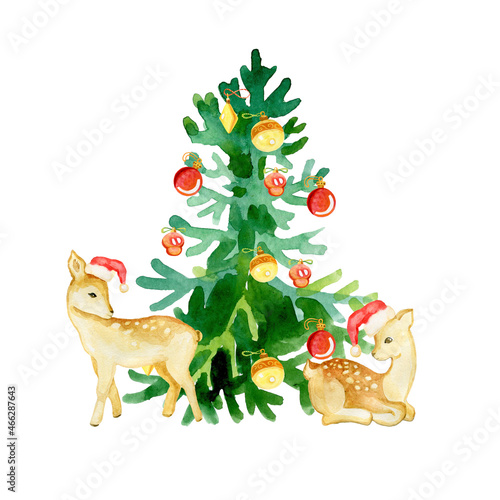 Watercolor Christmas illustration with deer and a tree for cards  gift bags