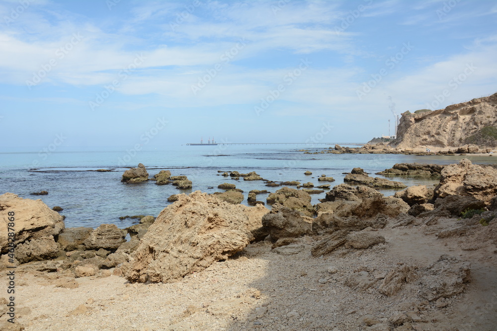 Scenic view of rocky Mediterranean coast. Peaceful bay  in northern Israel.