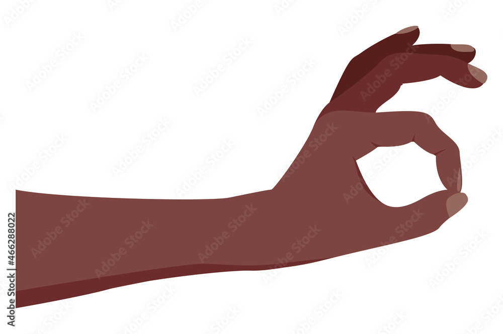 Hand picking something. Okay gesture. Afro American dark skin color. Hand isolated on a white background. Gesture pinching, hold, two fingers close. Vector illustration, flat cartoon design, eps 10. Hand picking something. Okay gesture. Afro American dark skin color. Hand isolated on a white background. Gesture pinching, hold, two fingers close. Vector illustration, flat cartoon design, eps 10.