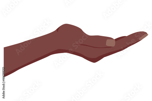 Facing up hand vector illustration isolated. Afro American dark skin color. Female open palm up in getting or receiving something gesture, holding, showing, presenting product business concept