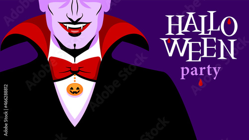 Halloween party invitation or banner design. Elegant man in vampire carnival costume. Scary character in black dracula cape on dark background. Modern vector illustration for design, banner, card.