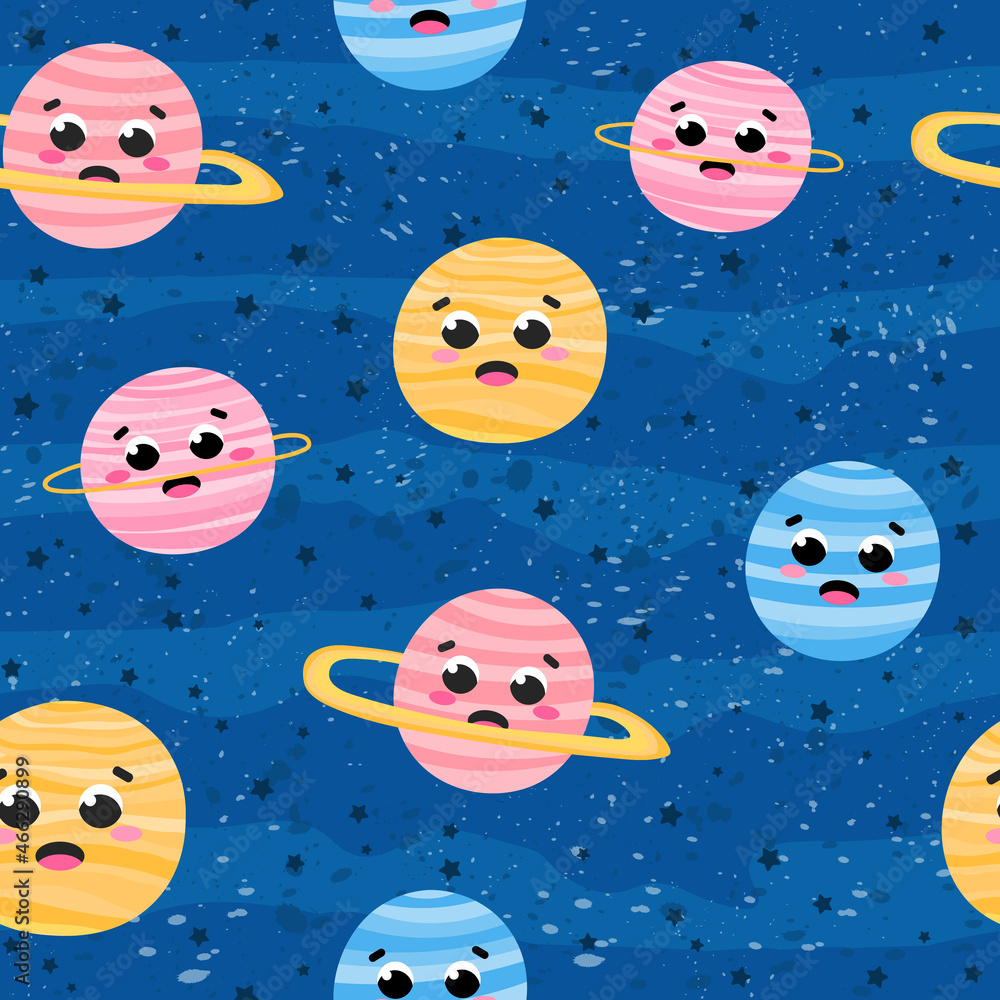 Naklejka premium Chidish space seamless pattern with cute planets ccharcters on blue background with stars, ornament for bedding or textile in cartoon style, galaxy adventure
