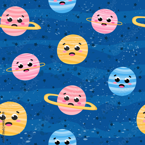 Chidish space seamless pattern with cute planets ccharcters on blue background with stars, ornament for bedding or textile in cartoon style, galaxy adventure