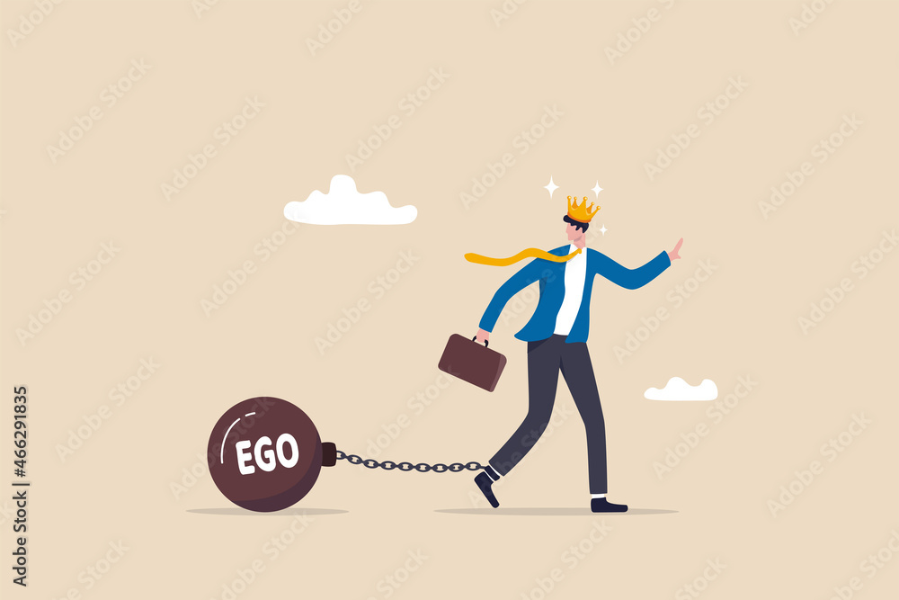 Ego burden, too much confident boss, narcissism and self involvement problem, self esteem and self important mistake concept, confidence businessman wear king crown chain with heavy EGO burden weight. - obrazy, fototapety, plakaty 