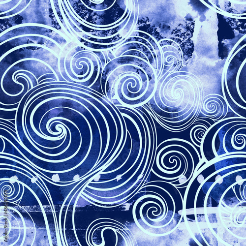 Curls  clouds and abstract lines - boho seamless pattern. Digital lines hand drawn picture with watercolour texture. Mixed media artwork. 