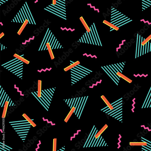 Bright geometric shape seamless pattern background in memphis style.