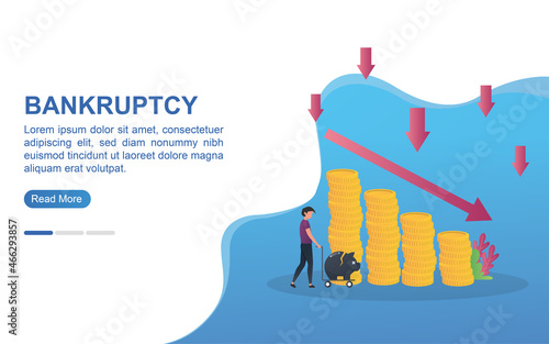 bankrupt concept with declining money graph and person carrying piggy bank.