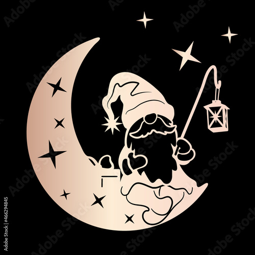 A fabulous gnome with a flashlight sits on the moon with his legs dangling. Sublimation and cutting file.