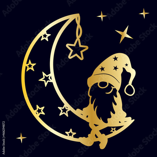 A fairy-tale gnome with sits on the starry moon with dangling legs. File for sublimation and cutting.