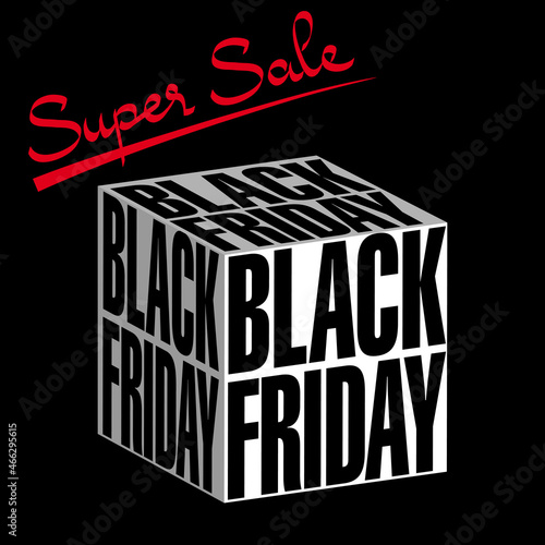 Affiche pour les soldes composée d’un cube 3D blanc où sont inscrit en noir les mots Black Friday. 