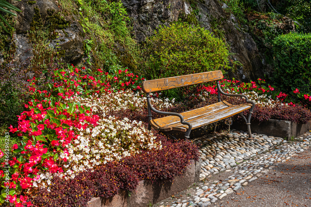 Idyllic Corners with benches along the Gilf Promenade in Merano, Italy - obrazy, fototapety, plakaty 