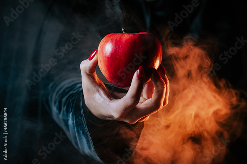 Woman as witch in black offers red apple as symbol of temptation, poison. Fairy tale, white snow wizard concept. Spooky halloween, cosplay. Smoke, haze background. photo