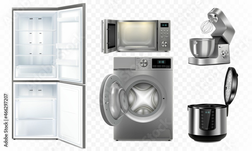 A set of household appliances: microwave oven, washing machine, refrigerator, multi cooker, food processor, blender. Realistic 3D vector, isolated illustration