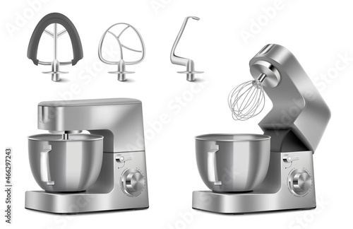 Food processor with different nozzles isolated on white background. Realistic 3d vector illustrations