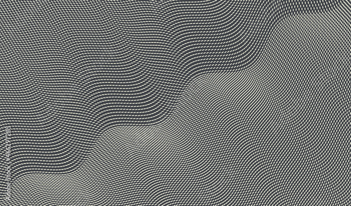 Many black particles scattered asymmetrically in white background. Wavy pattern with dynamic effect. Cover design template. Vector illustration with optical illusion.