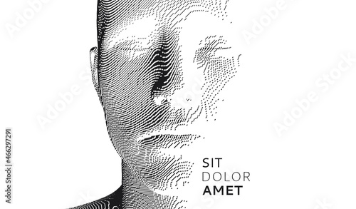 Abstract digital human head constructing from cubes. Minimalistic design for business presentations, flyers or posters. Technology and robotics concept. Voxel art. 3D vector illustration.