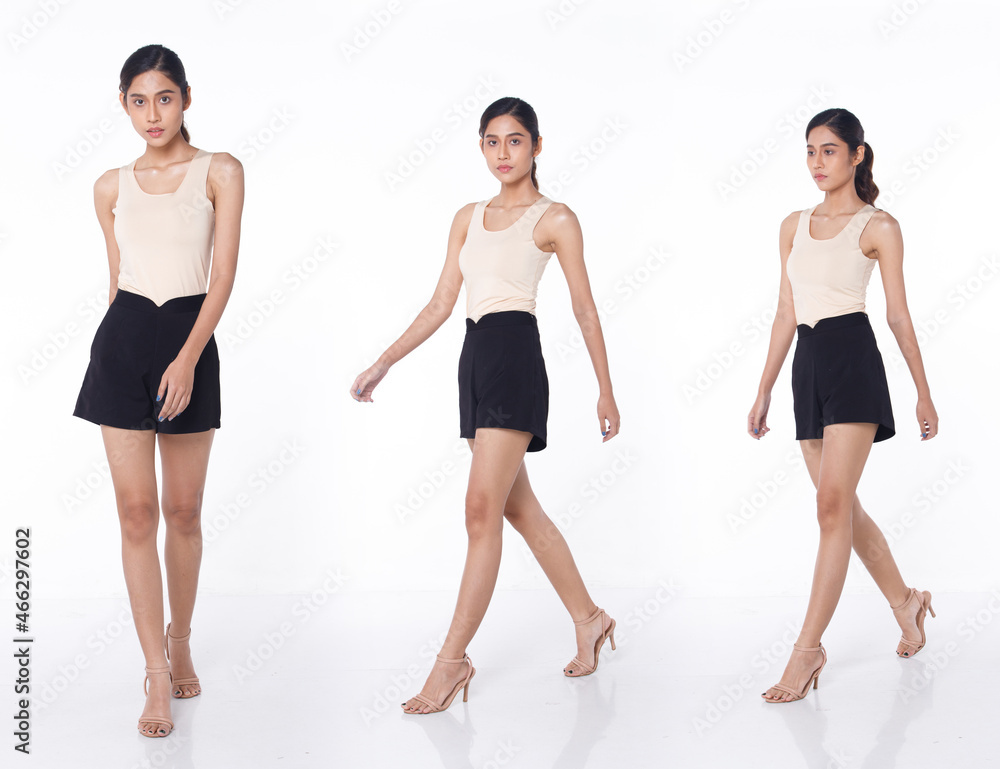 Full length Portrait of 20s Asian beautiful Woman black hair cream dress vest short pant high heel Full length Portrait of 20s Asian beautiful Woman black hair cream dress vest short pant high heel
