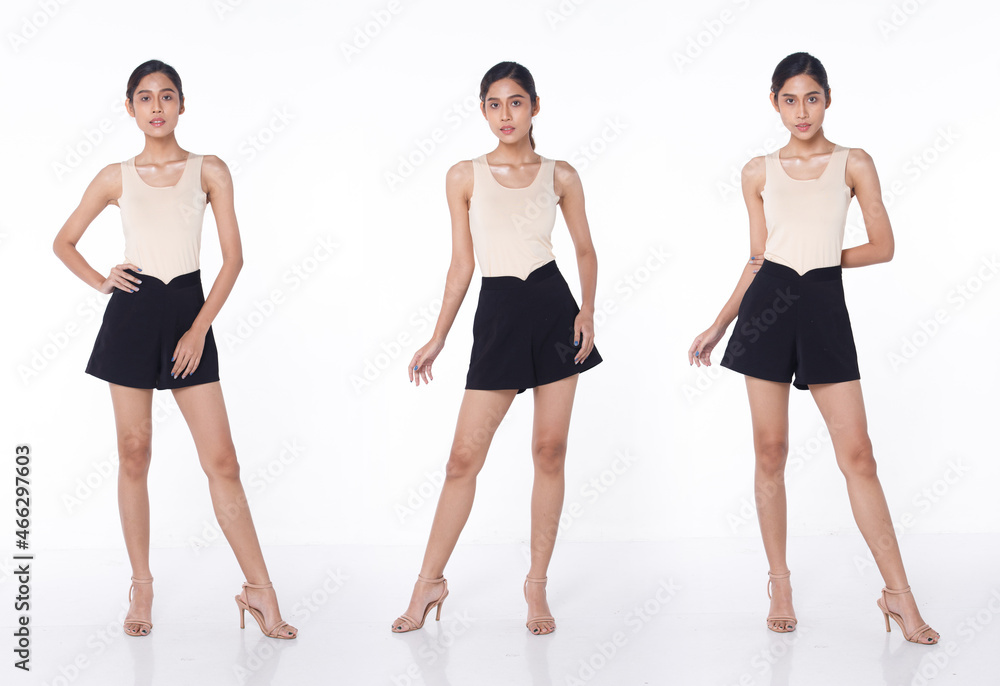Full length Portrait of 20s Asian beautiful Woman black hair cream dress vest short pant high heel Full length Portrait of 20s Asian beautiful Woman black hair cream dress vest short pant high heel