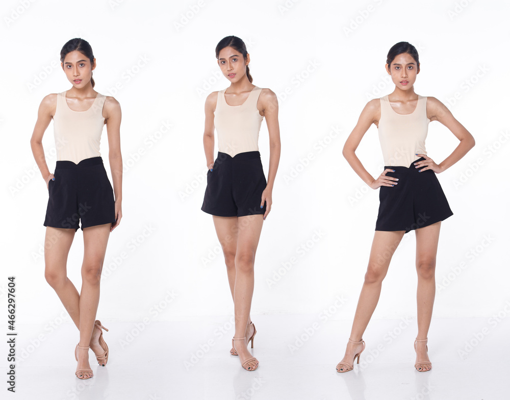 Full length Portrait of 20s Asian beautiful Woman black hair cream dress vest short pant high heel Full length Portrait of 20s Asian beautiful Woman black hair cream dress vest short pant high heel