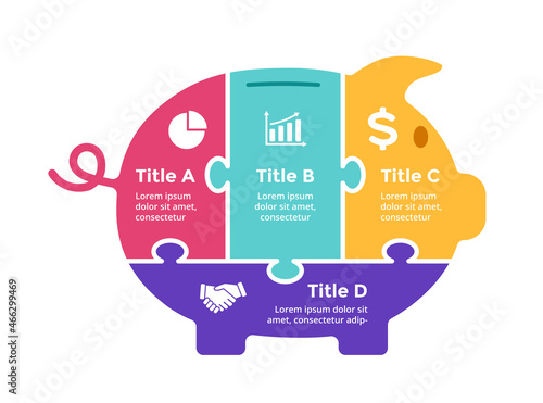 Puzzle piggy bank. Infographic template slide for your presentation. Saving money concept. Business strategy. Financial investments logo.