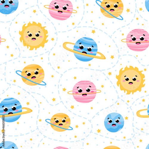 Chidish space seamless pattern with cute planets charcters on white background with stars, ornament for bedding or textile in cartoon style, galaxy adventure photo