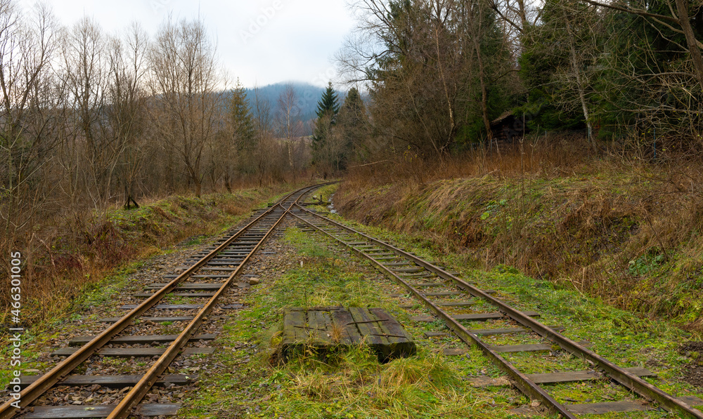 Fototapeta premium An old railway line in Bieszczady, Poland. Late autumn in the mountains.