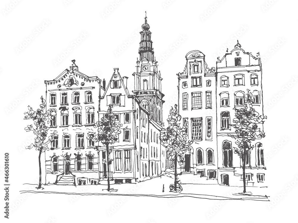 Liner sketch of houses in Amsterdam, Holland, hand drawing sketch, graphic illustration. Urban sketch in black color isolated on white background. Hand drawn travel postcard. Travel sketch. Liner sketch of houses in Amsterdam, Holland, hand drawing sketch, graphic illustration. Urban sketch in black color isolated on white background. Hand drawn travel postcard. Travel sketch.