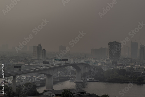 Bangkok, Thailand - Jan 18, 2020 : Aerial view of Rama III Bridge  and the nearby The Krungthep Bridge cross over Chao Phraya river, Landscape view of river and the Rama III Bridge. photo