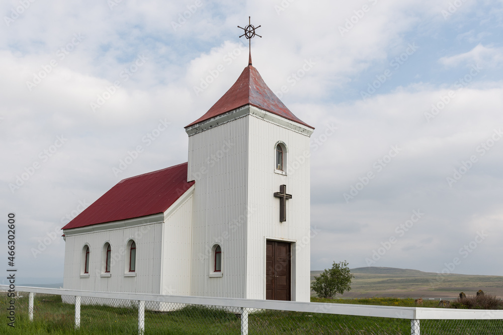 Sidumuli church in the rural countryside landscape in Borgarfjordur in Iceland