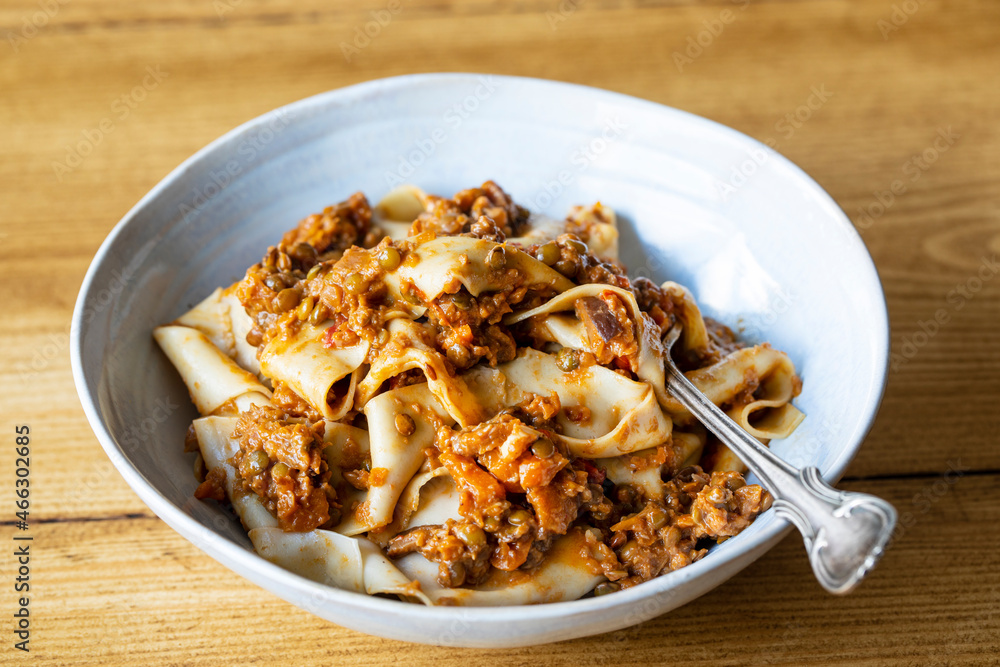 Home made pasta with vegan lentil ragu Home made pasta with vegan lentil ragu