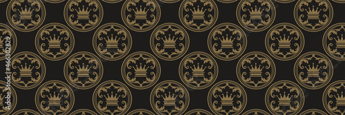 Beautiful background image in royal style with golden elements on black background for your design. Seamless background for wallpaper, textures. Vector illustration.
