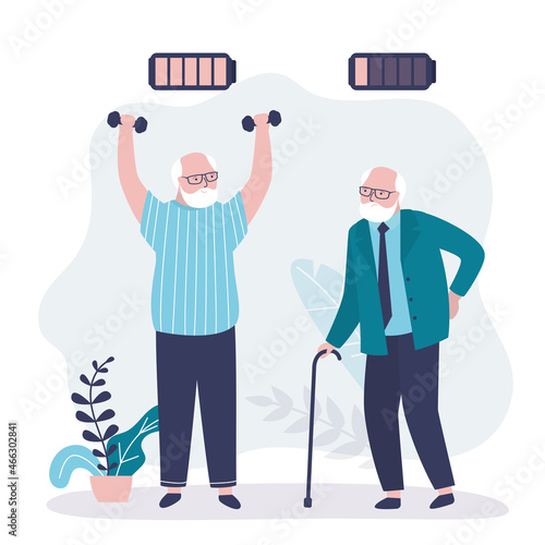Tired and exhausted elderly man with cane. Old male character doing exercises with dumbbells
