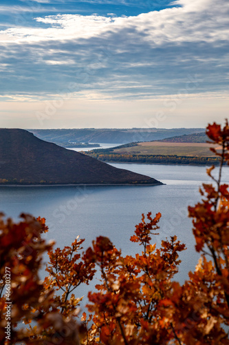 Beautiful view of Bakota Bay on the Dniester River in autumn day.