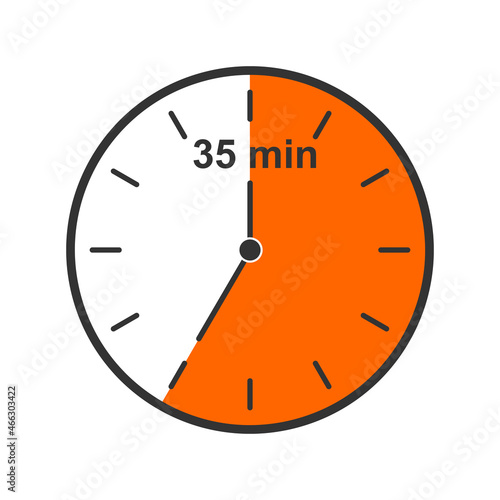Clock icon with 35 minute time interval. Countdown timer or stopwatch symbol isolated on white background. Infographic element for cooking or sport game. Vector flat illustration.