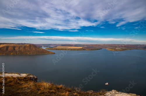 Beautiful view of Bakota Bay on the Dniester River in autumn day.