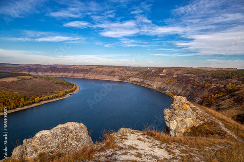 Canyon with the river Dniester on an autumn day near the village of Subich. Podolsk Tovtry.