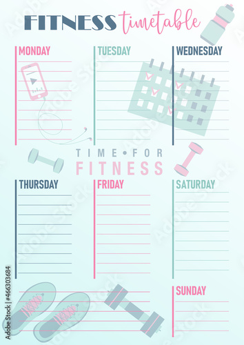 Vertical Fitness weekly timetable. Daily schedule template with shoes, weights, player, bottle. Gym planner. Vector illustration. Notes, to do list. Vector illustration. Healthy lifestyle. Flat design