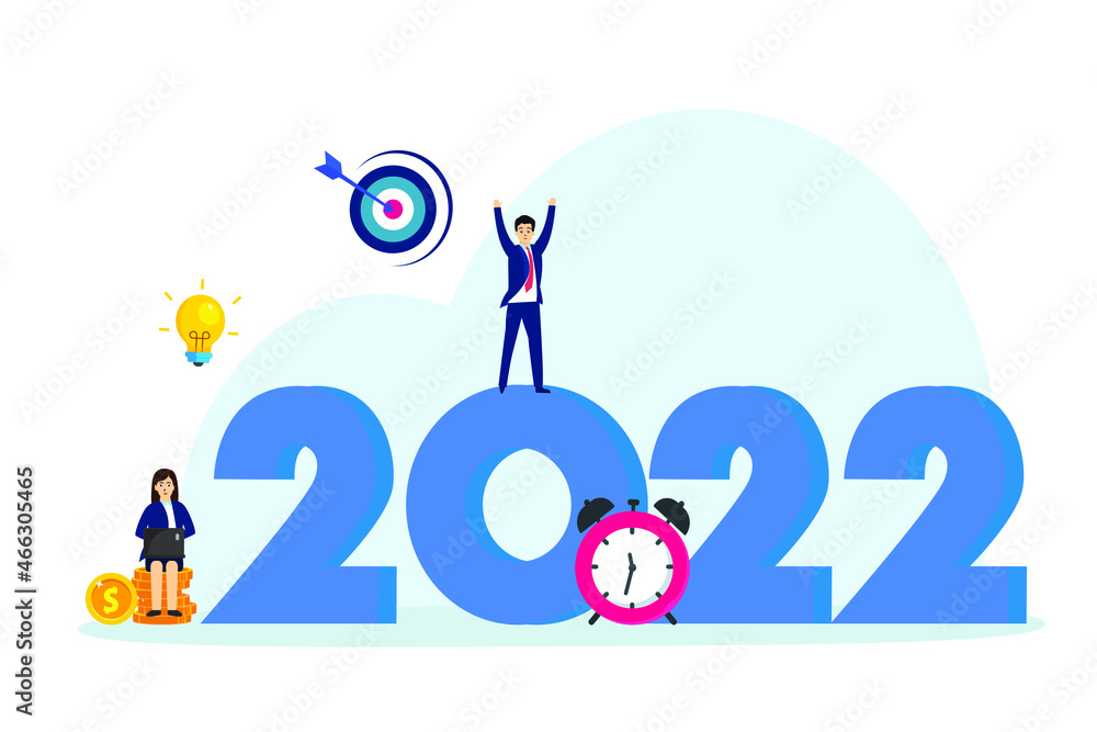 New year vector concept. Two business people looks happy while working with 2022 numbers in the office New year vector concept. Two business people looks happy while working with 2022 numbers in the office