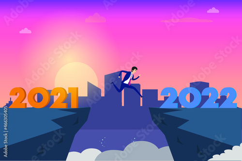 Business in new year vector concept. Male manager jumping gap on the cliff from 2021 to 2022 numbers with sunrise background