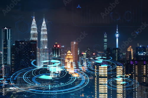 Photography Information flow hologram, night panorama city view of Kuala Lumpur